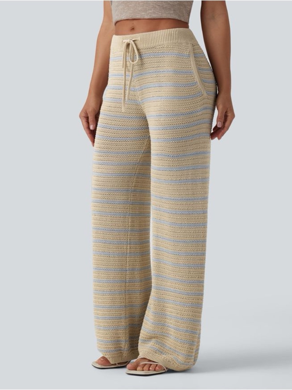 HALARA Cream & Light Blue Striped Wide-Leg Knit Pants
